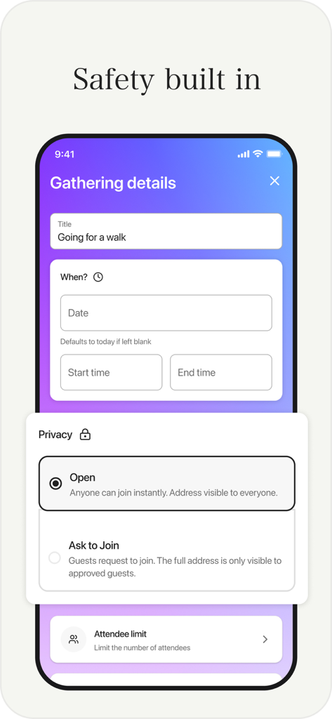 Gather - Interfaz de la aplicación Gather que muestra opciones de seguridad y privacidad para crear eventos comunitarios queer locales.