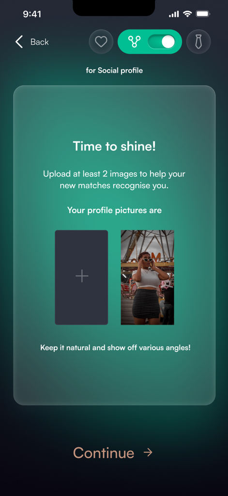 Profile picture upload screen for Matchful dating app showing a placeholder and an uploaded photo