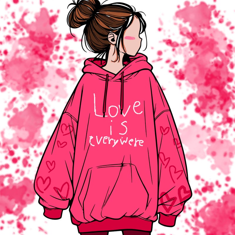 realistic girl with a oversized sweatshirt on and a bun