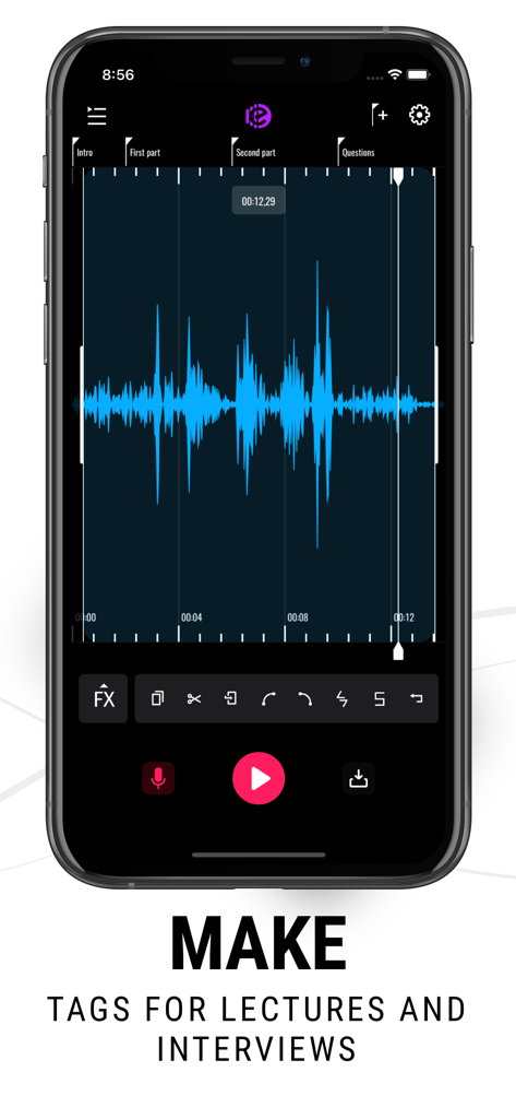 Edity-Audio & Music Editor Lab - A smartphone displaying the Edity audio editor interface with a blue waveform and tags labeled Intro, First part, Second part, and Questions.