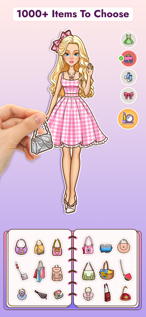 Una muñeca de papel con un vestido rosa siendo vestida con un bolso de una gran colección de artículos de moda