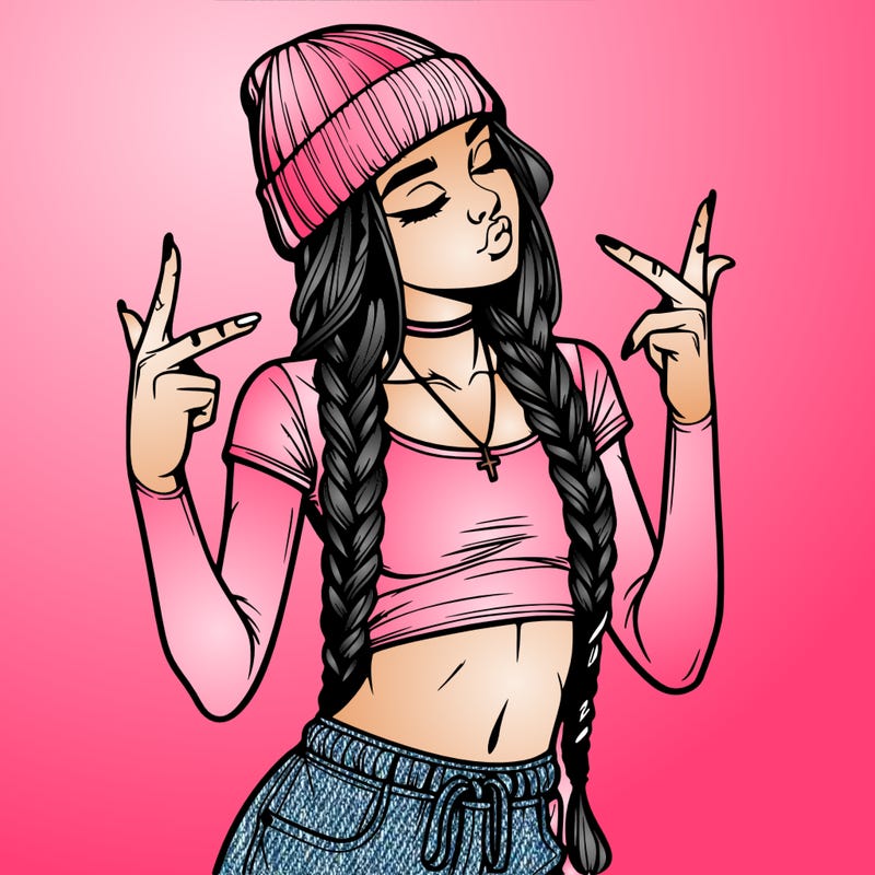 realistic teenage girl with braids and a beanie and crop top doing 🫶🏼