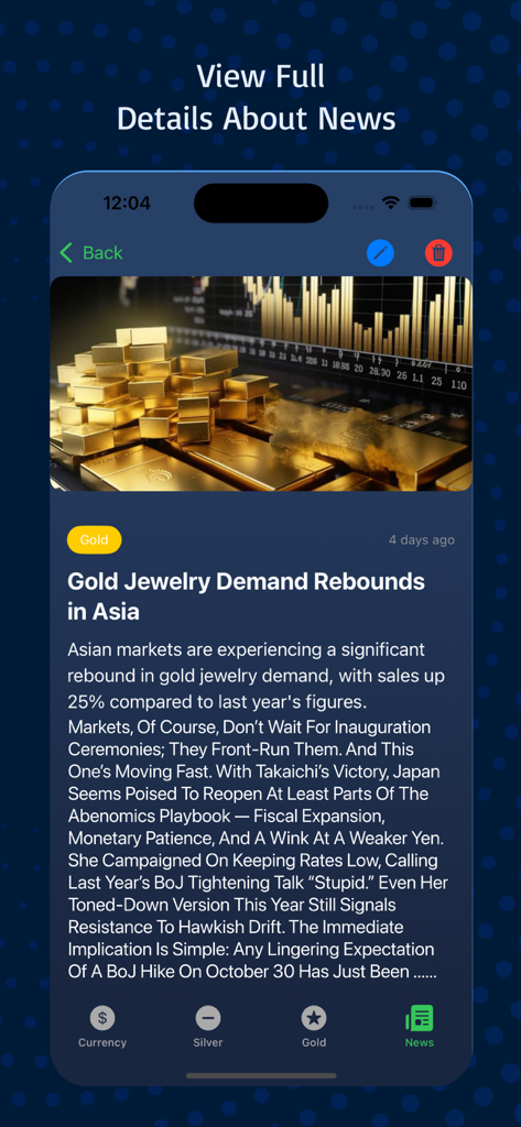 Interface d'article d'actualités dans l'application Asaar AI Plus montrant les tendances de la demande de bijoux en or en Asie.