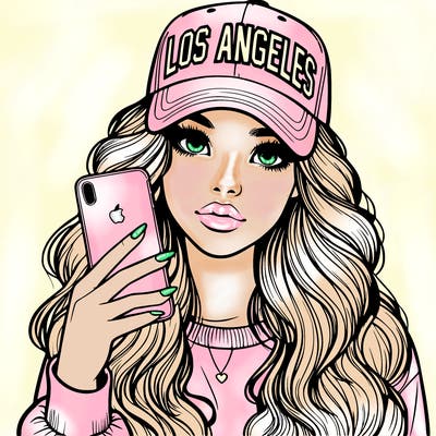 realistic beautiful girl wearing los ángeles cap holding an iphone