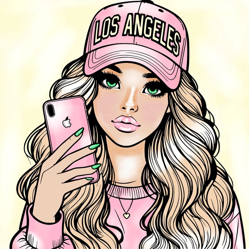 realistic beautiful girl wearing los ángeles cap holding an iphone