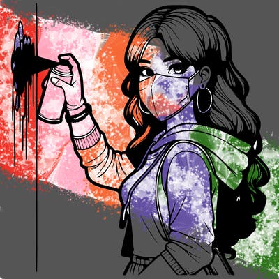 realistic girl with mask spray painting a wall