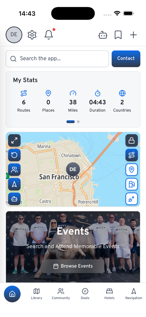 MIVIA 2.0 - Écran d'accueil de l'application MIVIA 2.0 montrant les statistiques de voyage de l'utilisateur et une carte de navigation de San Francisco.