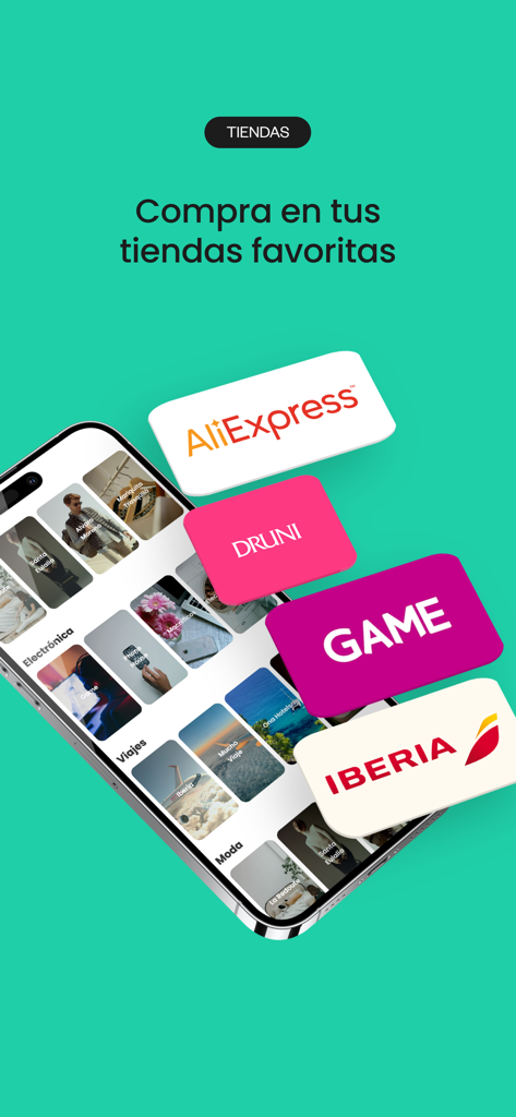 Pantalla de la aplicación móvil SeQura mostrando tiendas asociadas como AliExpress, Druni e Iberia