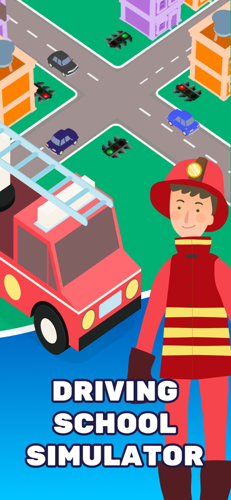 Un bombero de dibujos animados y un camión de bomberos rojo en una intersección de carretera de la ciudad de la aplicación Driving School Simulator