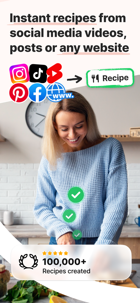 Whisk: Recipe Keeper & Planner - Whisk app interface showing how to save instant recipes from social media videos and websites