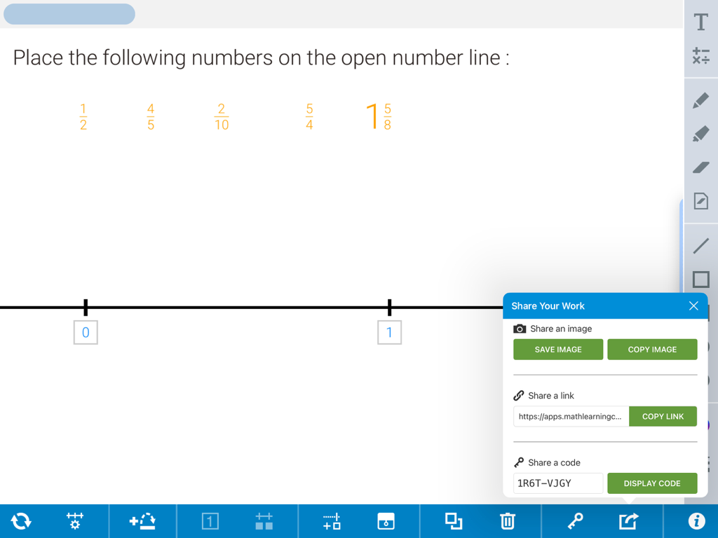 Number Line by MLC app displaying a fraction activity and the share work menu