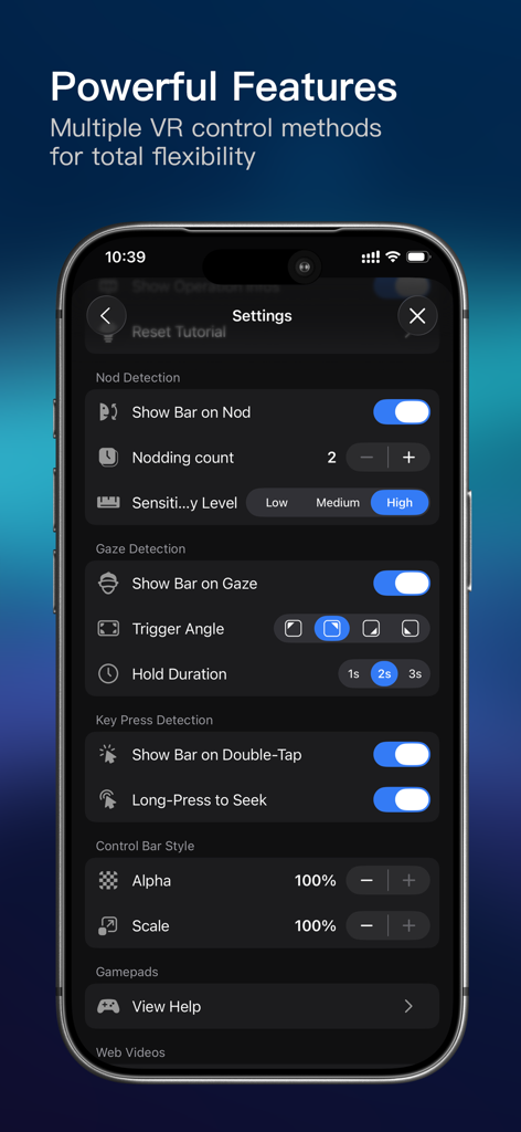 Pantalla de configuración de rPlayer para controles de movimiento VR y detección de mirada.