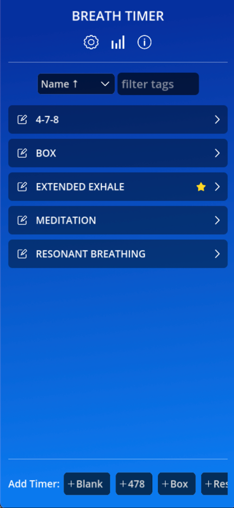 Breath Timer - Main menu of the Breath Timer app showing a list of breathing exercise presets including box breathing and meditation