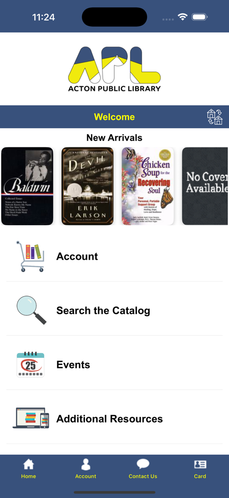 Libraries Online - Pantalla de inicio de la aplicación móvil Acton Public Library mostrando las novedades y las opciones del menú.