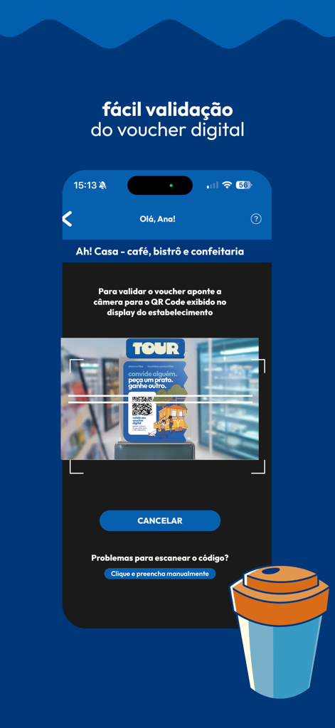 Tour Grande POA app interface showing a QR code scanner for digital voucher validation at a restaurant