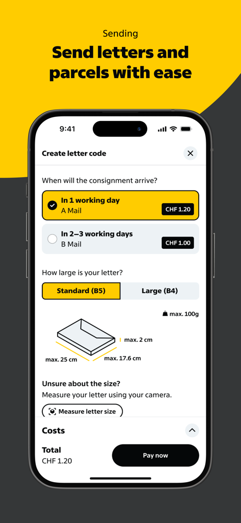 Swiss Post - Swiss Postモバイルアプリの手紙作成画面で、料金コードを作成し、価格とともに配送オプションを選択