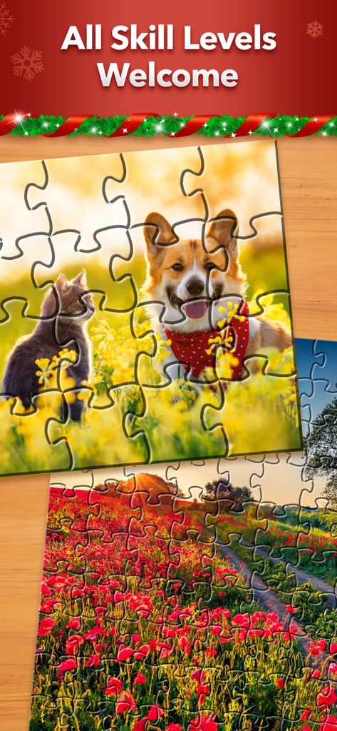 Jigsaw Puzzle - 犬とポピー畑をフィーチャーした、さまざまなスキルレベルに対応するピースサイズを示すジグソーパズルゲームインターフェイス。