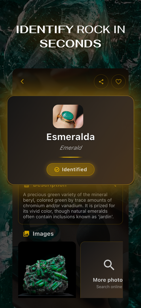 Rocks: Gemstone Identifier AI - A mobile screen from the Rocks Gemstone Identifier app showing an identified emerald with its description and reference images