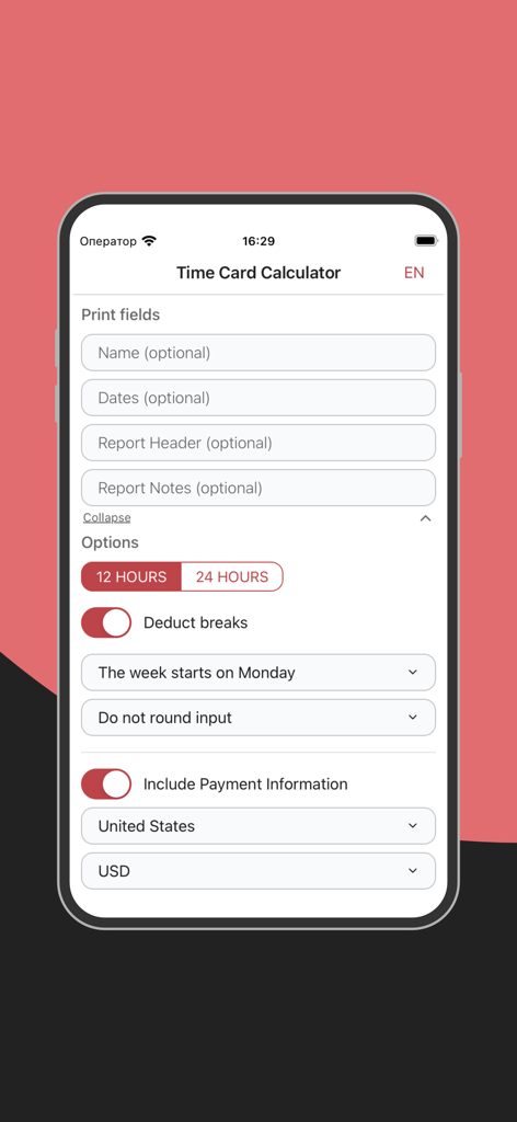 Interface of the Time Card Calculator app showing setup options for print fields, time format, and payment settings.