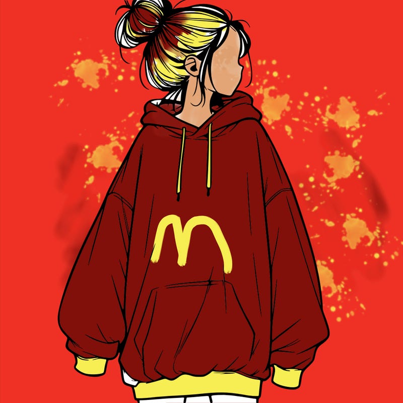 realistic girl with a oversized sweatshirt on and a bun