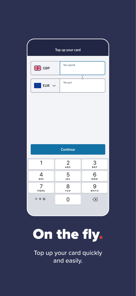 Mobile app interface for topping up a travel money card with currency conversion from GBP to EUR