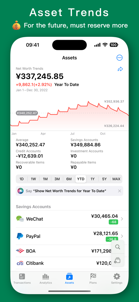 MoneyThings - Finance Tracker - MoneyThings app display showing net worth trends and a list of financial accounts.