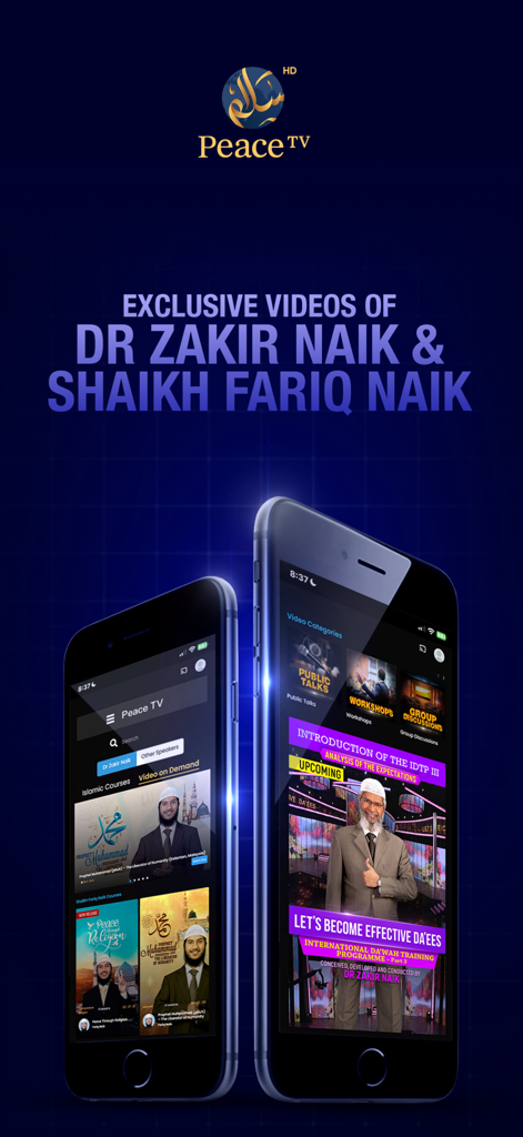 Peace TV app interface showcasing exclusive religious educational videos and lectures by Dr. Zakir Naik on a mobile device.