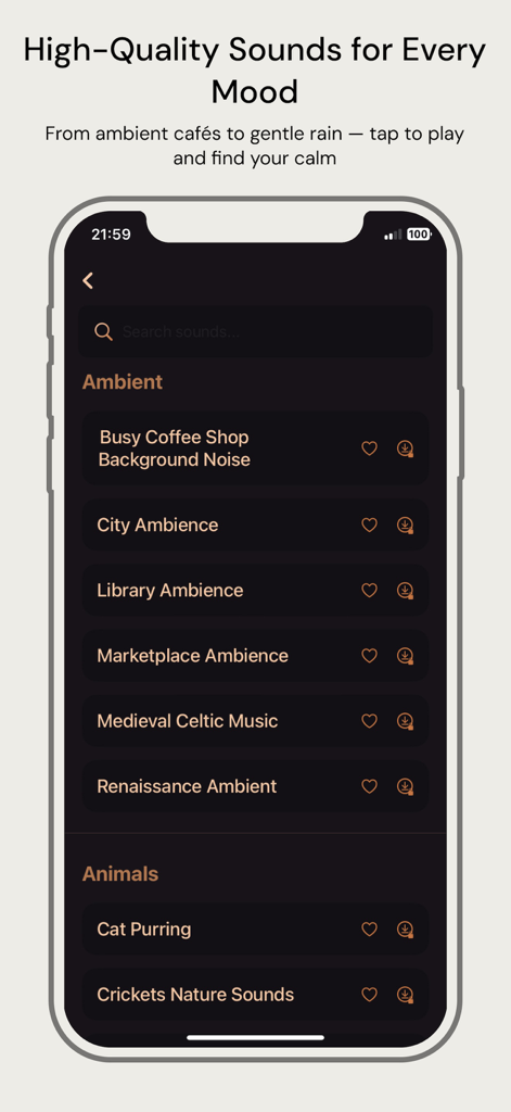 Una pantalla de teléfono móvil mostrando una lista de sonidos ambientales y de la naturaleza como ruido de cafetería y ronroneo de gato para dormir y concentrarse.