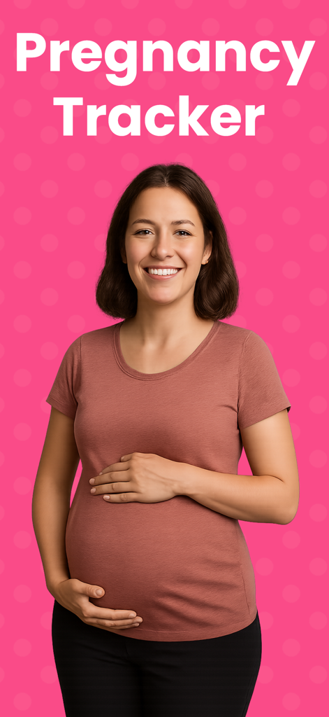 Pregnancy Tracker: LovelyBeats - A smiling pregnant woman holding her belly on a pink background with the text Pregnancy Tracker