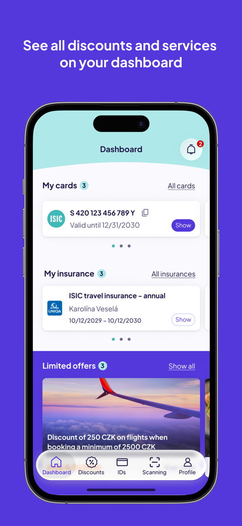 Alive App dashboard displaying digital student ID cards insurance details and travel discount offers