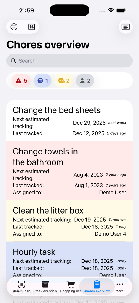 Grocy Mobile - Grocy Mobile app interface showing the chores overview screen with a list of household tasks and their tracking statuses