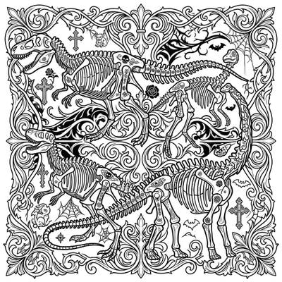 Journey back to a prehistoric era reimagined with a dark, enchanting twist in this stunning Gothic dinosaur skeletons coloring page. Discover intricate fossilized forms intertwined with ornate Victorian patterns, perfect for a captivating artistic escape.