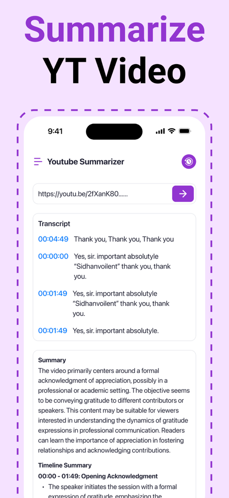 Humanix - AI Text Humanizer - Humanix app YouTube summarizer interface showing video transcript and summary