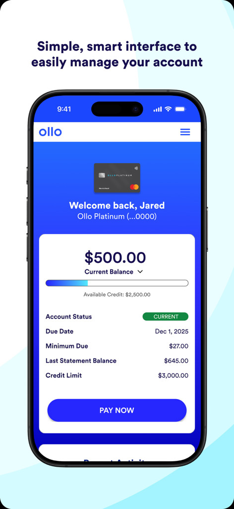 Ollo Credit Card app dashboard showing account balance, credit limit, and a pay now button.