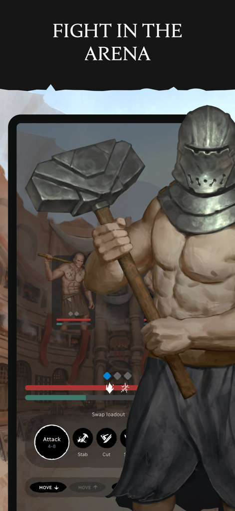 Eldrum: Black Dust - Text RPG - Arena combat in Eldrum Black Dust showing a warrior with a large stone hammer