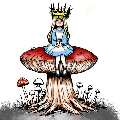 realistic girl sitting on a huge tree stump size toadstool with thorn crown