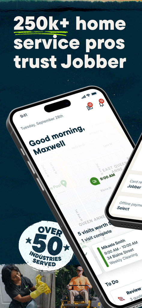 Jobber mobile app dashboard showing job schedules and maps for home service professionals