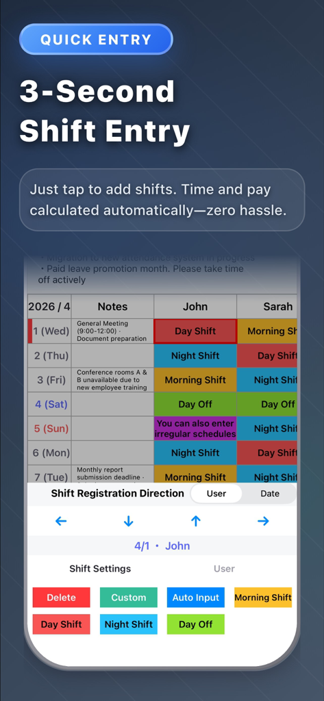 TapShift - Shift manager - Interfaccia mobile dell'app TapShift con un calendario turni codificato a colori e uno strumento di inserimento rapido per la gestione delle ore di lavoro dei dipendenti.