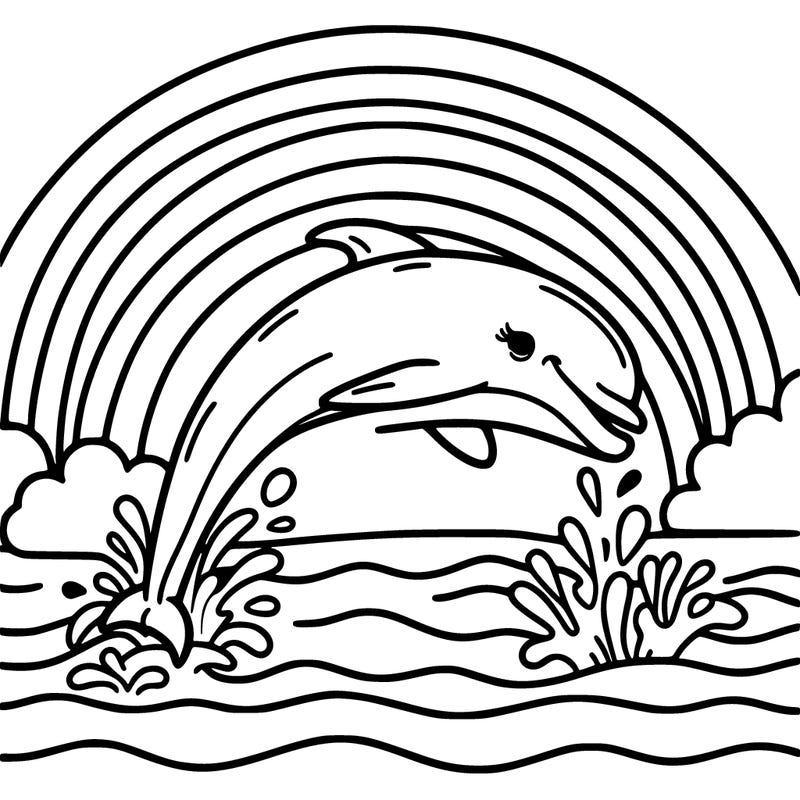 dolphin with rainbows in the background diving into the water