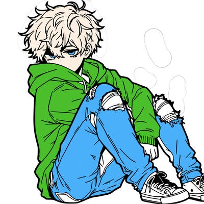 a male hoddie ripped jeans messy hair anime