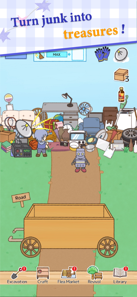 Treasure Flea Market: Cozy Sim - Treasure Flea Market のゲームプレイ画面。キャラクターのショウとゼロが、捨てられたオブジェクトの山と木製のカートの近くに立っています。