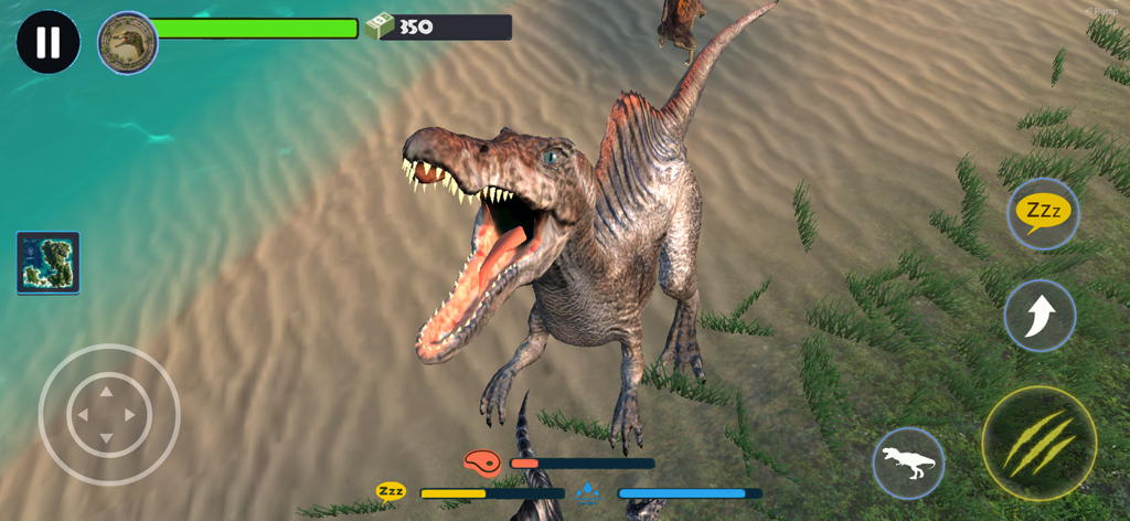 Jurassic Clash Primal Dino Sim - A Spinosaurus roaring on a sandy beach in the Jurassic Clash Primal Dino Sim mobile game