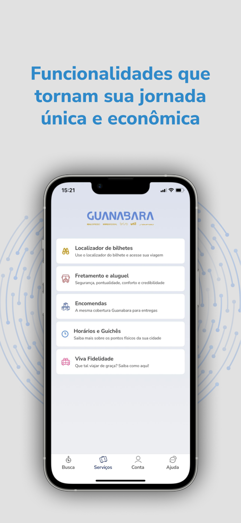 Mobile app interface of Guanabara showing bus travel services and ticket management features