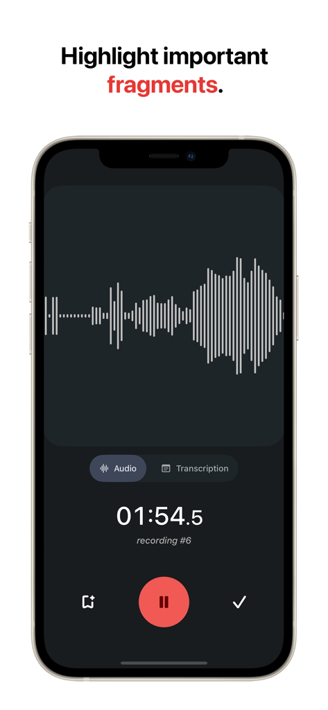 Voice Recorder & Transcribe - スマートフォン画面に、波形と重要なフラグメントをハイライトするツールが表示されたアクティブなオーディオ録音が表示されています。