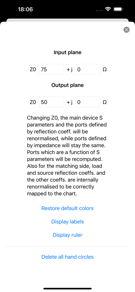 Smith Charts - Settings screen for configuring input and output plane impedance values in the Smith Charts app