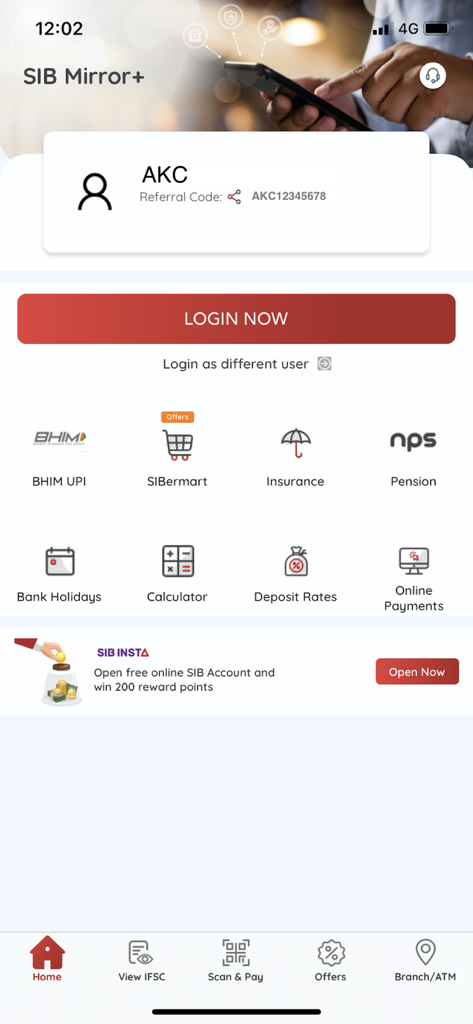 SIB Mirror+ : Mobile Banking - Login screen of the SIB Mirror plus mobile banking app showing various financial services and a login button.