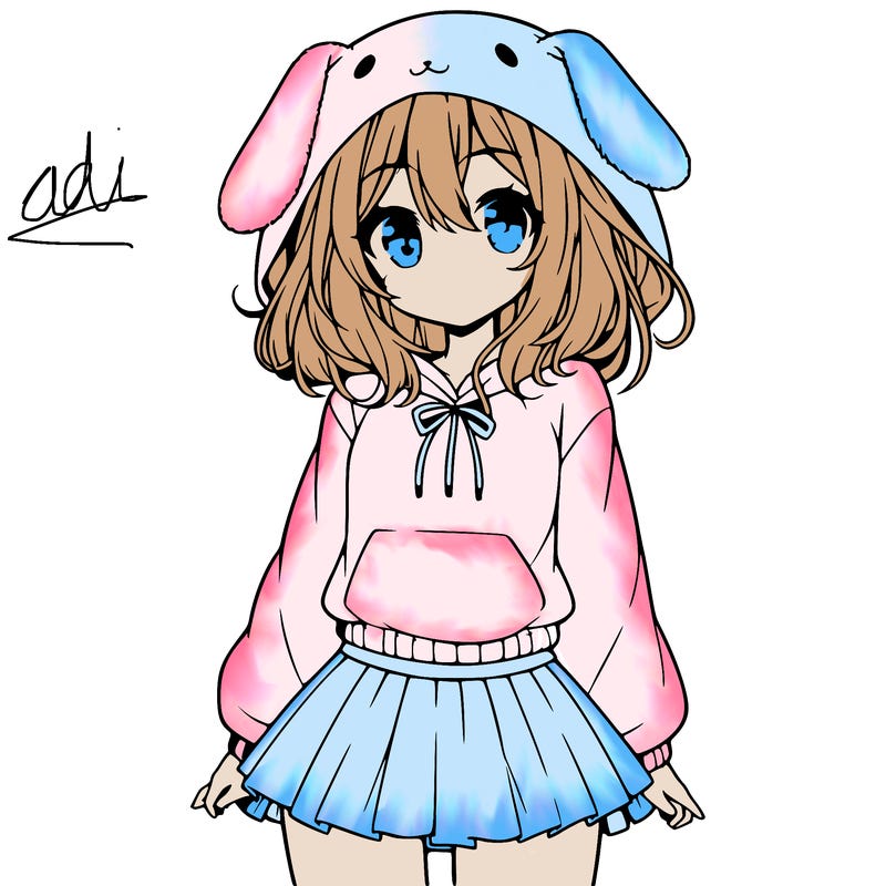 pretty anime girl wearing a fluffy hoodie with bunny ears on the hood and a skirt