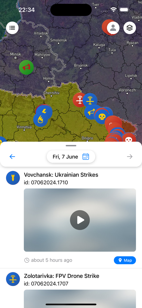 Interactive military conflict map with real-time event markers and a strike report feed.