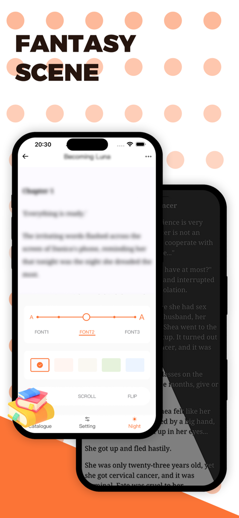 Novelix - Novelixモバイルアプリ。フォントサイズ、スタイル、背景色、ナイトモードインターフェースを含むカスタマイズ可能な読書オプションが表示されています。