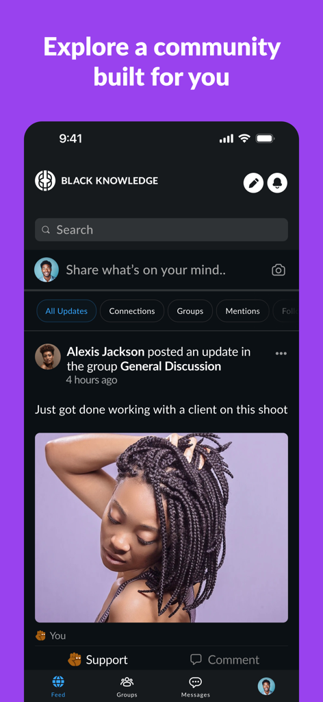 Black Knowledge - Interface of the Black Knowledge app social feed showing a community post and navigation options for entrepreneurs.